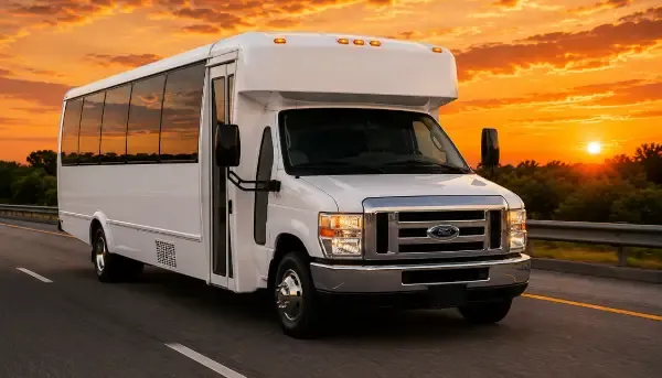 20 Passenger Party Bus in white, available to rent