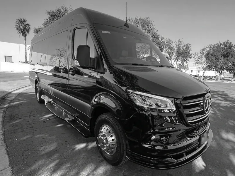 Black Mercedes-Benz Sprinter 12 Passenger Limousine 2024 Mercedes-Benz Sprinter 12 Passenger Limousine in black, available to rent