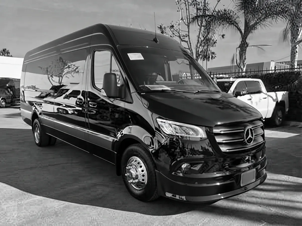 Black Mercedes-Benz Sprinter 13 Passenger Luxury Coach 2025 Mercedes-Benz Sprinter 13 Passenger Luxury Coach in black, available to rent