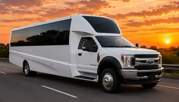 26 Passenger Party Bus in white, available to rent