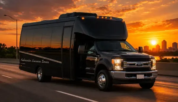 27 Passenger Shuttle Bus in black, available to rent