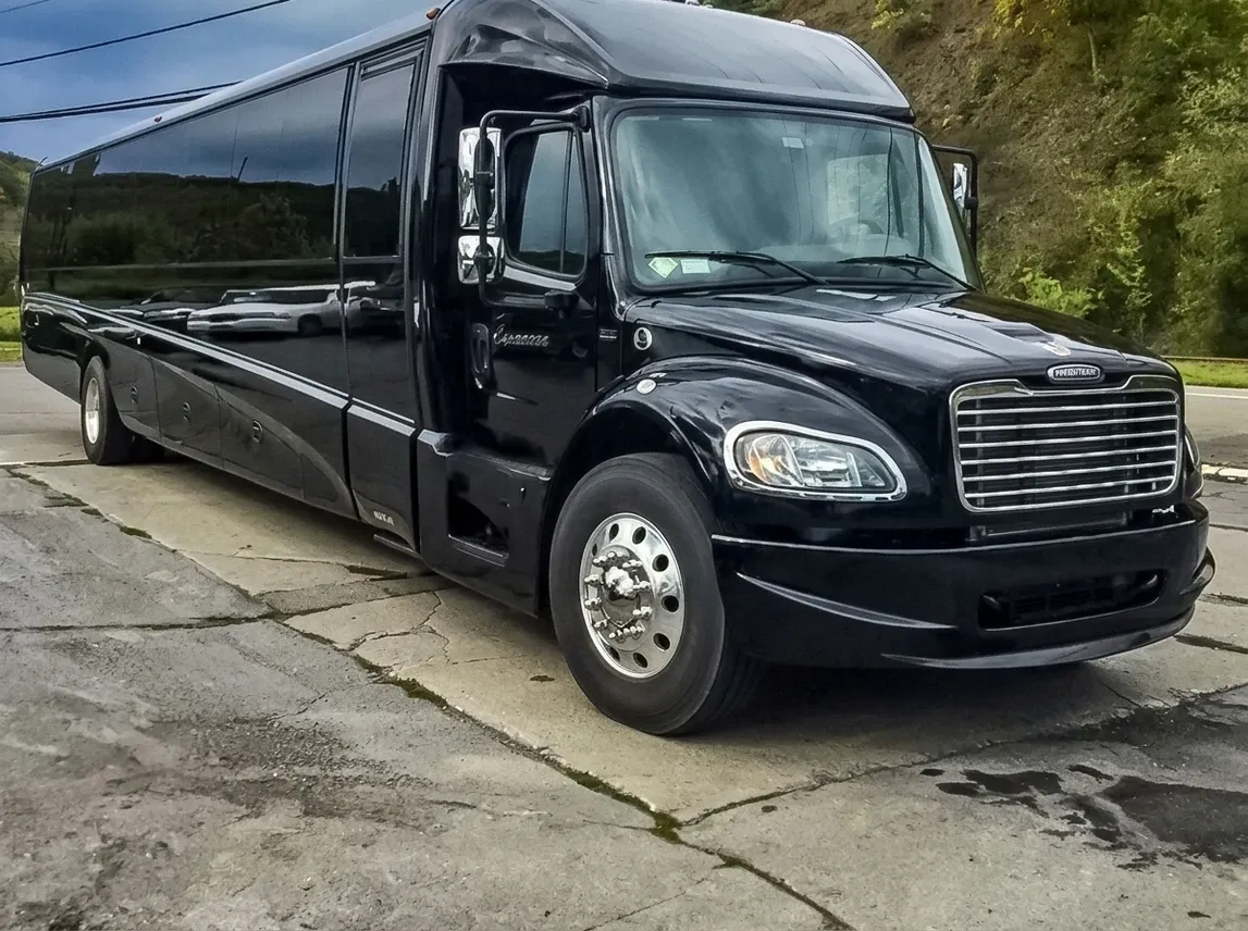 Black 42 Passenger Freightliner Executive Mini Coach 42 Passenger Freightliner Executive Mini Coach in black, available to rent