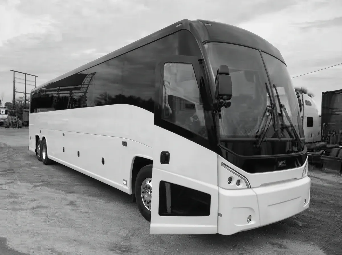White 56 Passenger Luxury Motor Coach 56 Passenger Luxury Motor Coach in white, available to rent