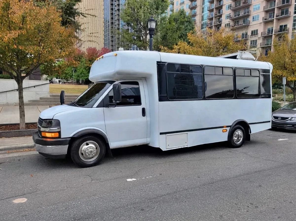 Chevrolet Party Bus in white, available to rent