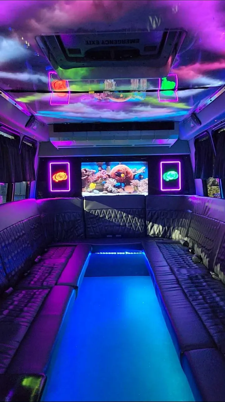 2019 Luxury Party Bus (Dark Shadow) interior with perimeter lounge seating, LED accent lighting and LED ceiling lighting for party bus rental