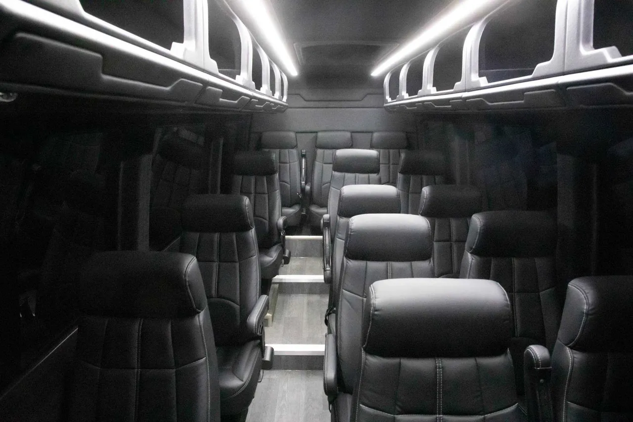 14 Passenger Executive Sprinter Van 14 Passenger Executive Sprinter Van interior with overhead parcel racks for minibus rental