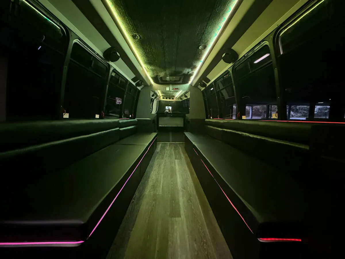 Ford E-450 Series Party Bus interior with perimeter lounge seating, LED accent lighting and LED ceiling lighting, photo 3 for party bus rental