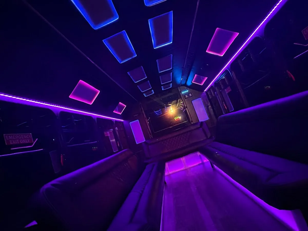 Ford E-450 Series Party Bus interior with perimeter lounge seating, LED accent lighting and LED ceiling lighting, photo 3 for party bus rental