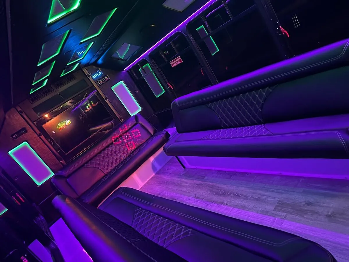 Ford E-450 Series Party Bus interior with perimeter lounge seating, LED accent lighting and LED ceiling lighting, photo 4 for party bus rental