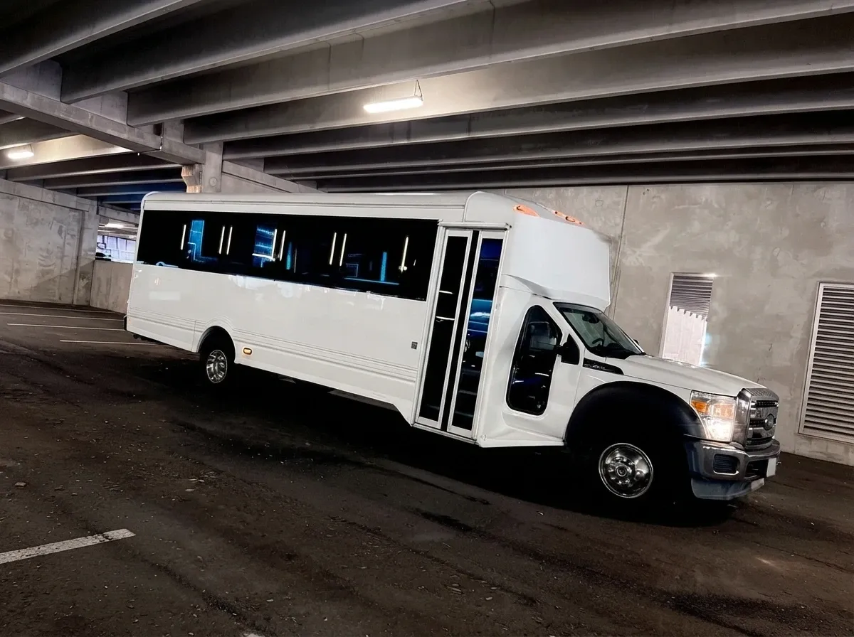 Ford F-550 Party Bus Ford F-550 Party Bus in white, available to rent