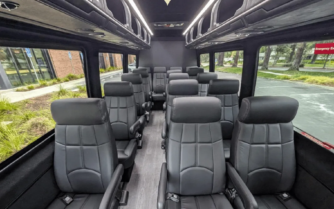 Mercedes-Benz Executive Sprinter interior with captain's chairs, wood-look flooring and overhead parcel racks for minibus rental