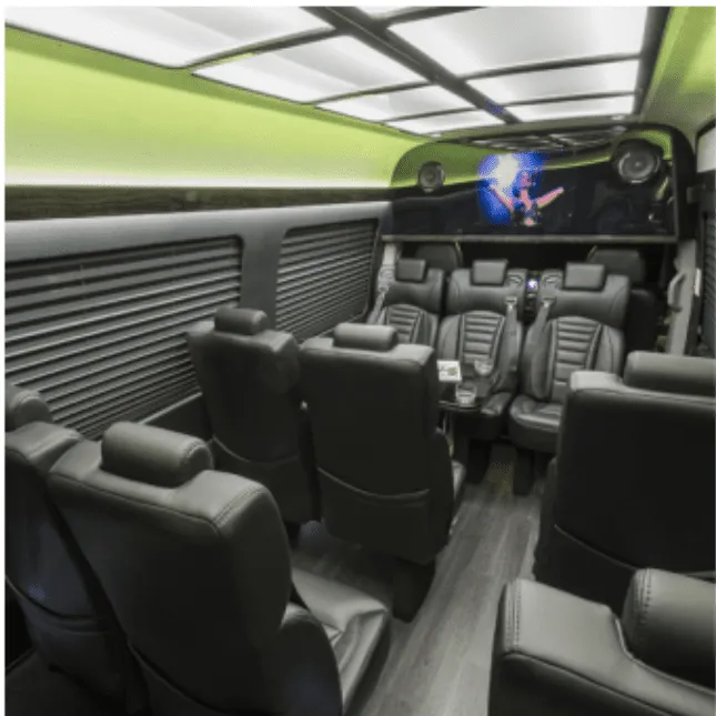 Mercedes-Benz Executive Sprinter interior with captain's chairs, window shades and LED ceiling lighting for minibus rental