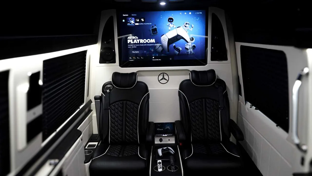Mercedes-Benz Jet Sprinter interior with captain's chairs, window shades and TV screens, photo 2 for minibus rental