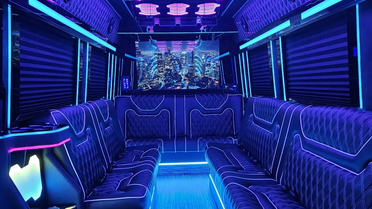 Mercedes-Benz Limousine Sprinter Mercedes-Benz Limousine Sprinter interior with perimeter lounge seating, sofa-style seating and window shades for party bus rental