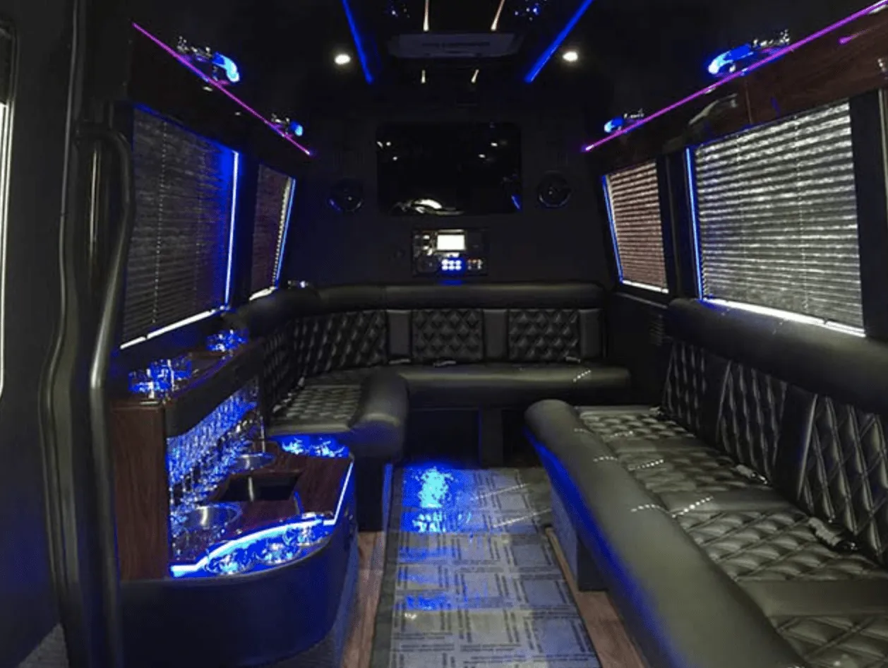 Mercedes-Benz Limousine Sprinter Mercedes-Benz Limousine Sprinter interior with perimeter lounge seating, window shades and LED accent lighting for party bus rental