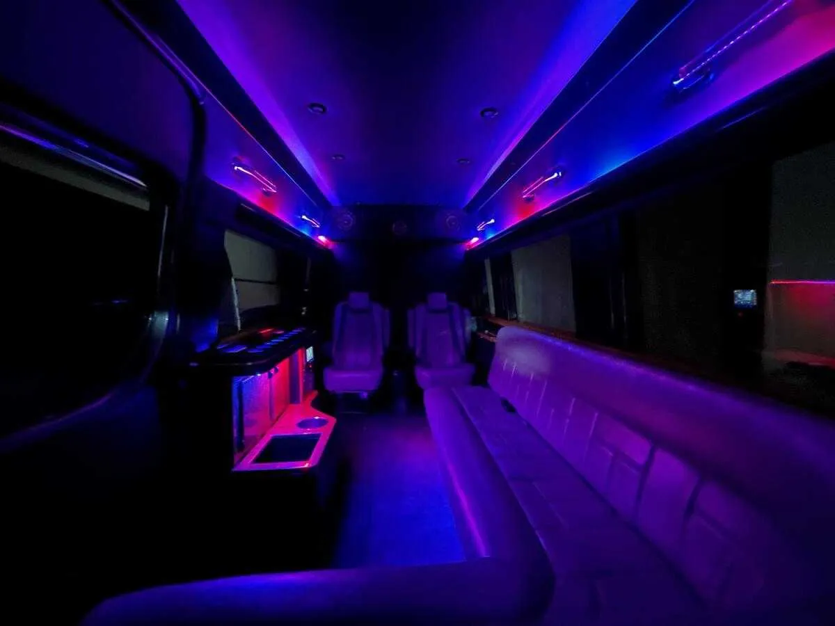 Mercedes-Benz Sprinter Limousine interior with sofa-style seating, captain's chairs and LED accent lighting, photo 3 for party bus rental