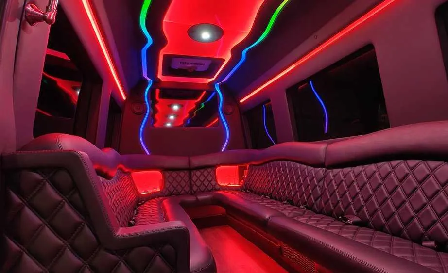 Mercedes-Benz Sprinter Limousine interior with perimeter lounge seating and LED accent lighting, photo 5 for party bus rental