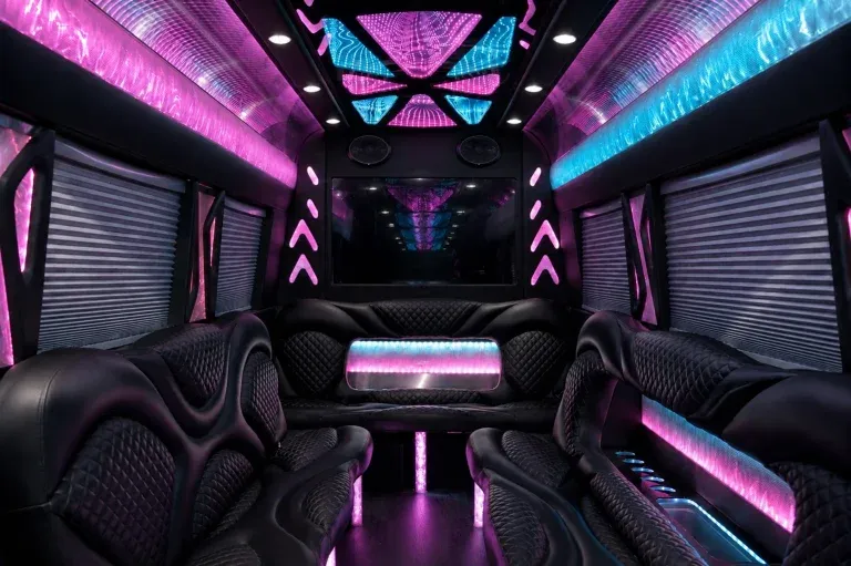 Mercedes-Benz Sprinter Limousine interior with perimeter lounge seating, window shades and LED accent lighting, photo 3 for party bus rental