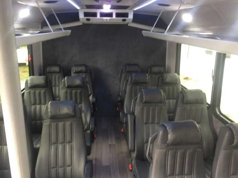 14 Passenger Mini Coach interior with wood-look flooring and overhead parcel racks for minibus rental