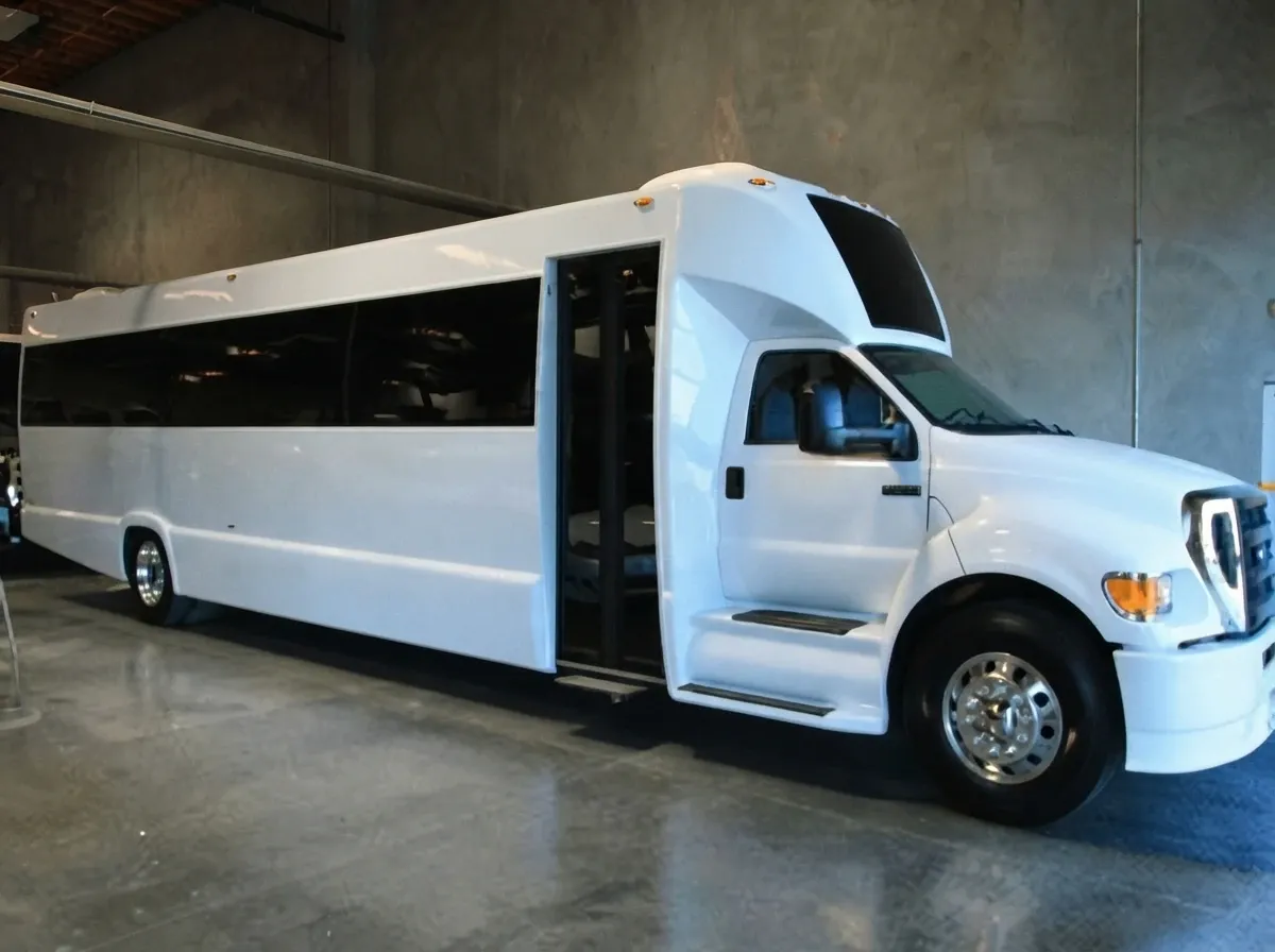 40 Passenger Party Bus in white, available to rent