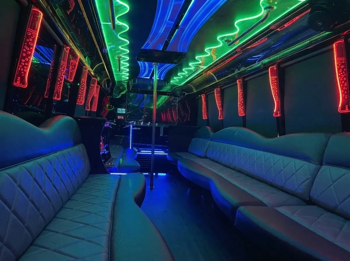 30 Passenger Party Bus in white, available to rent
