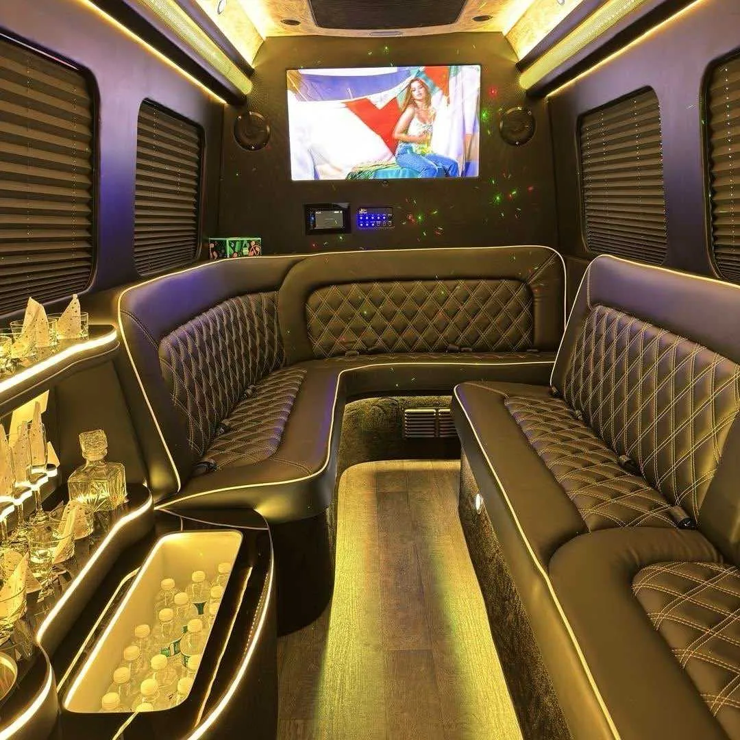 Party Limousine Sprinter Party Limousine Sprinter interior with sofa-style seating, window shades and LED accent lighting for party bus rental