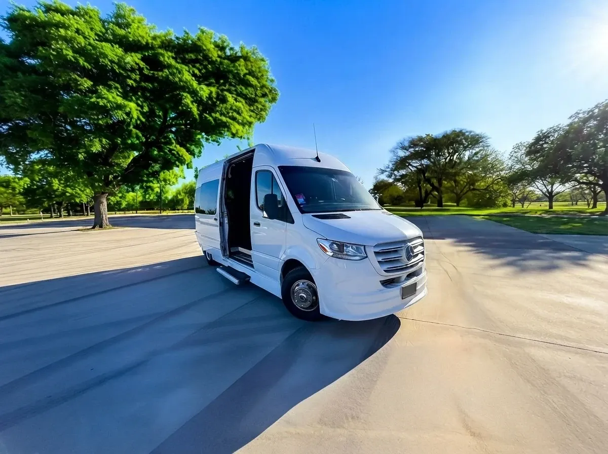 White Mercedes-Benz Sprinter Limousine, available to rent